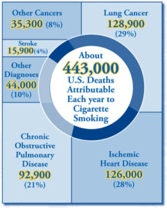 Graph about 443,000 U.S. Deaths Attributable each year to Cigarette smoking, 128,900 Lung Cancer (29%), ischemic Heart Disease 126,000 (28%), Chronic Obstructive Pulmonary Disease 92,000(21%), Other Diagnoses 44,000(10%), Stroke 15,999(4%), Other Cancers 35,300(8%)